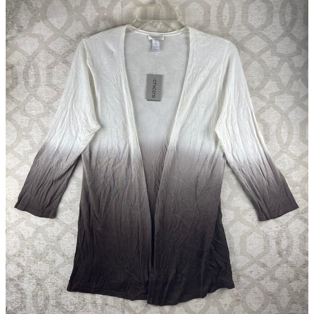 Chico's Dip Dye Havanah Cardigan Women 1 M White Brown NWT Open Front Rayon